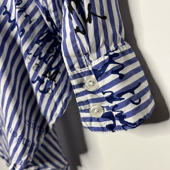 Chicos Womens Top Blue Stripe Graphic Print Hi Low Peplum Size Medium 1 Blouse - Picture 3 of 13